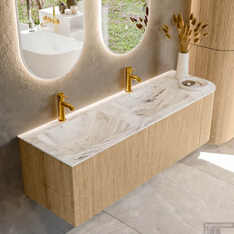 Mondiaz KURVE-DLUX 145 cm Onderkast Greeploos 1 Lade Met Deuren Oak, Wastafel Solid Surface Links Glace 2 Kraangaten Zonder Spiegel (KRVLEA145R1L1D2KD-Oak/Gla) Exclusieve Aanbieding