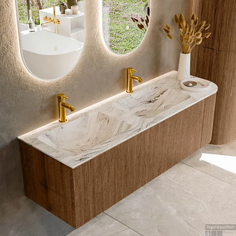Mondiaz KURVE-DLUX 145 cm Onderkast Greeploos 1 Lade Met Deuren Walnut, Wastafel Solid Surface Links Glace 2 Kraangaten Zonder Spiegel (KRVLEA145R1L1D2KD-Wal/Gla) Uitverkoop