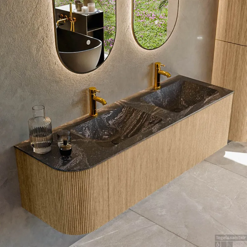 Laatste Versie Mondiaz KURVE-DLUX 145 cm Onderkast Greeploos 1 Lade Met Deuren Oak, Wastafel Solid Surface Rechts Lava 2 Kraangaten Zonder Spiegel (KRVLEA145L1L1D2KD-Oak/Lav)
