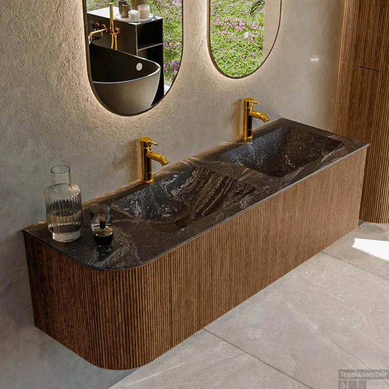 Snelle Levering Mondiaz KURVE-DLUX 145 cm Onderkast Greeploos 1 Lade Met Deuren Walnut, Wastafel Solid Surface Rechts Lava 2 Kraangaten Zonder Spiegel (KRVLEA145L1L1D2KD-Wal/Lav)
