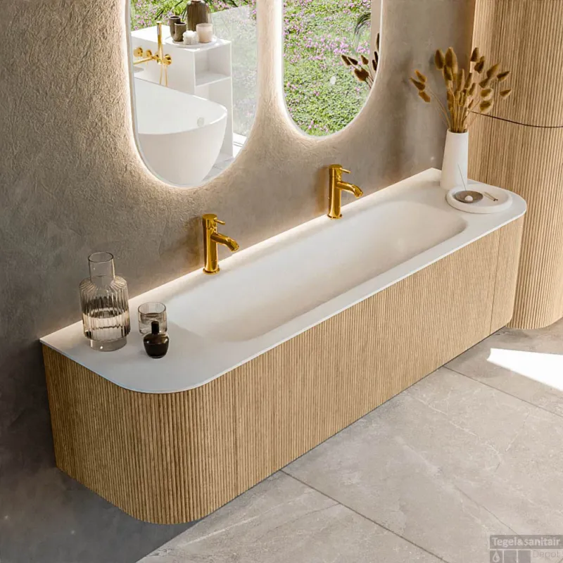 Mondiaz KURVE 170 cm Onderkast Greeploos 1 Lade Met Deuren Oak, Wastafel Solid Surface Midden Talc 2 Kraangaten Zonder Spiegel (KRVBGL170L+R1L2D2KM-Oak/Tal) Express Levering