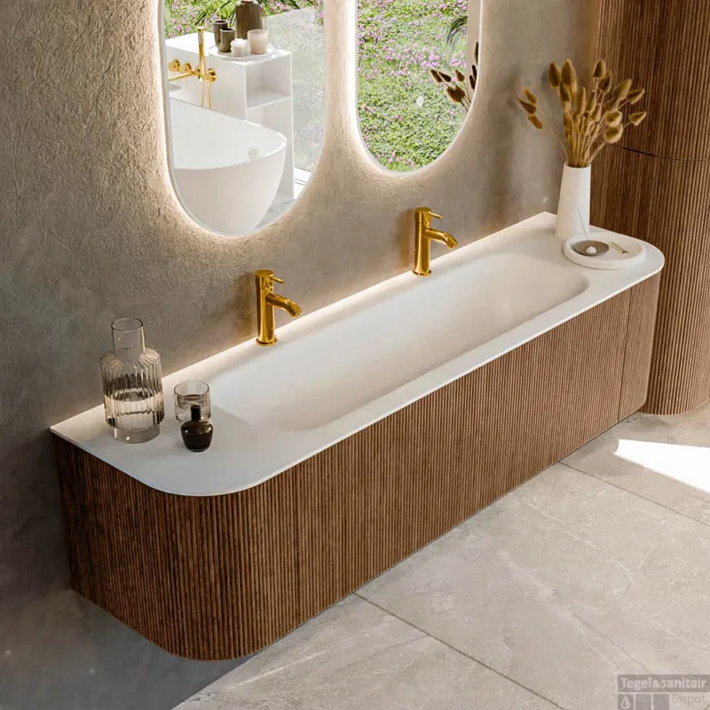 Merkproduct Mondiaz KURVE 170 cm Onderkast Greeploos 1 Lade Met Deuren Walnut, Wastafel Solid Surface Midden Talc 2 Kraangaten Zonder Spiegel (KRVBGL170L+R1L2D2KM-Wal/Tal)