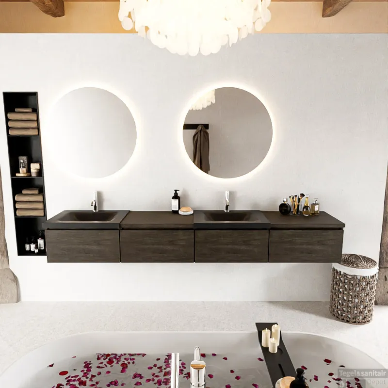 Dagaanbieding MONDIAZ BUKLA 240cm badmeubel met module 60 rechts kleur Dark Brown met 4 lades. Wastafel CLOUD dubbel 2 kraangaten kleur Urban.