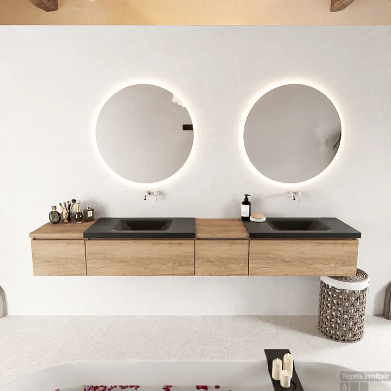 MONDIAZ BUKLA 240cm badmeubel met module 40 rechts kleur Washed Oak met 4 lades. Wastafel CLOUD dubbel 0 kraangaten kleur Urban. Beste Prijs