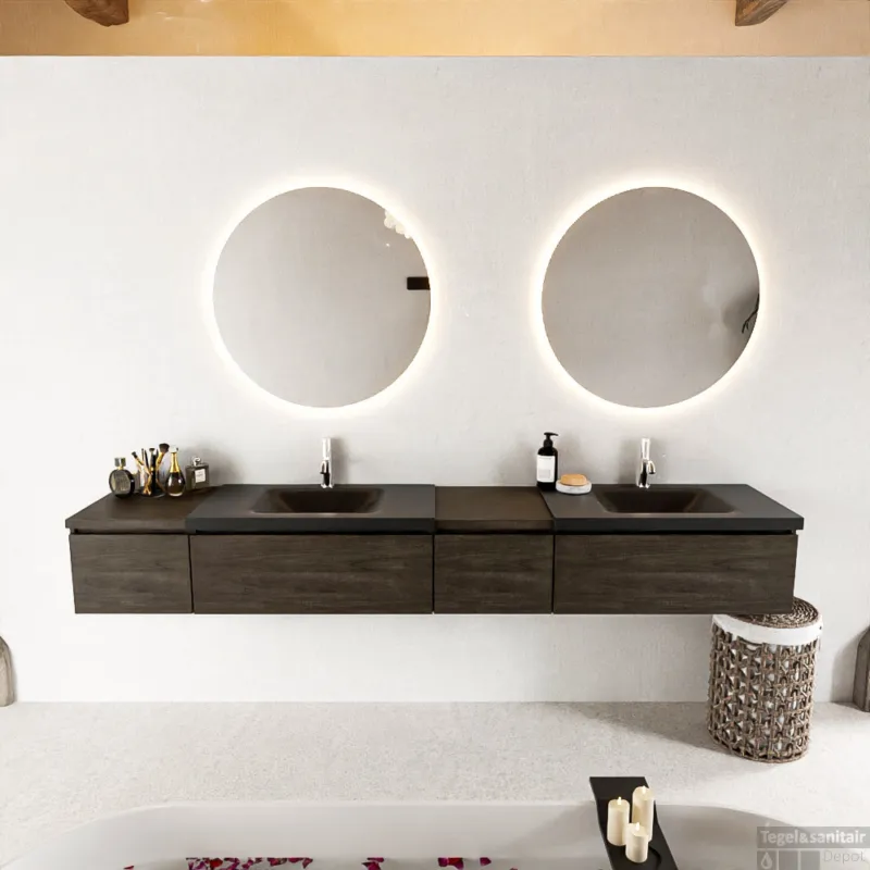 Gereduceerde Prijs MONDIAZ BUKLA 240cm badmeubel met module 40 rechts kleur Dark Brown met 4 lades. Wastafel CLOUD dubbel 2 kraangaten kleur Urban.