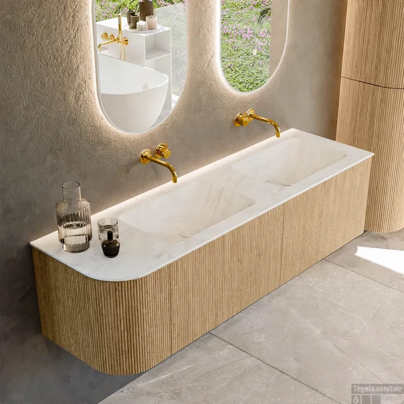 Gecertificeerd Mondiaz KURVE-DLUX 155 cm Onderkast Greeploos 2 Lades Met Deuren Oak, Wastafel Solid Surface Rechts Opalo 0 Kraangaten Zonder Spiegel (KRVLEA155L2L1D0KD-Oak/Opa)