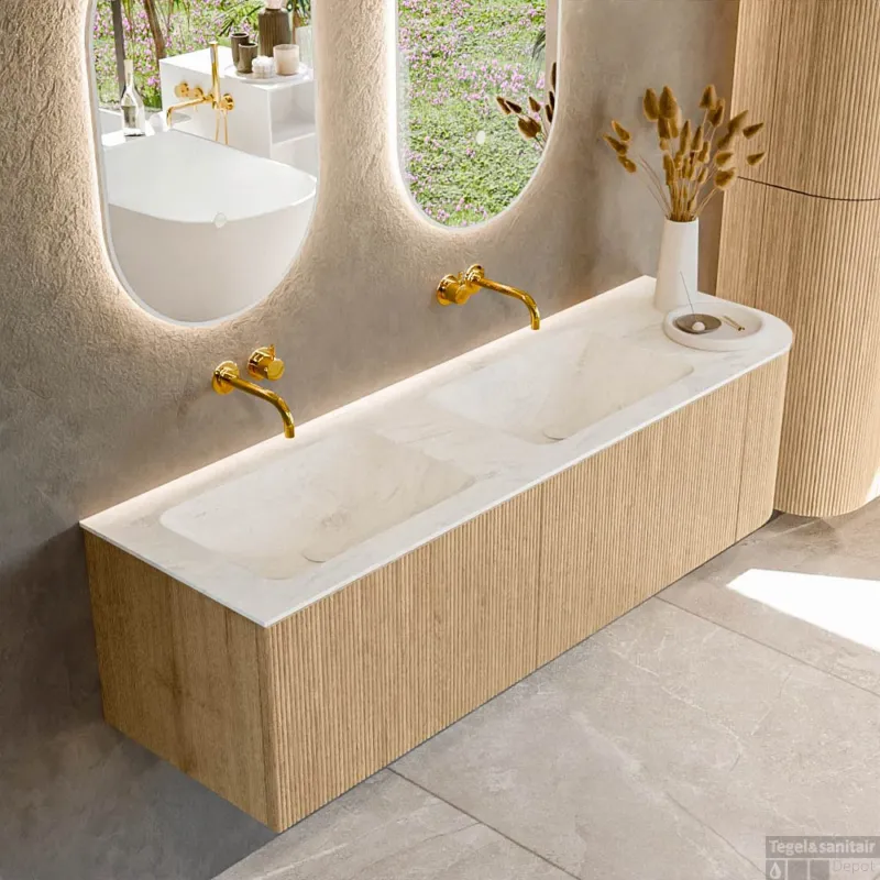 Betrouwbaar Mondiaz KURVE-DLUX 155 cm Onderkast Greeploos 2 Lades Met Deuren Oak, Wastafel Solid Surface Links Opalo 0 Kraangaten Zonder Spiegel (KRVLEA155R2L1D0KD-Oak/Opa)