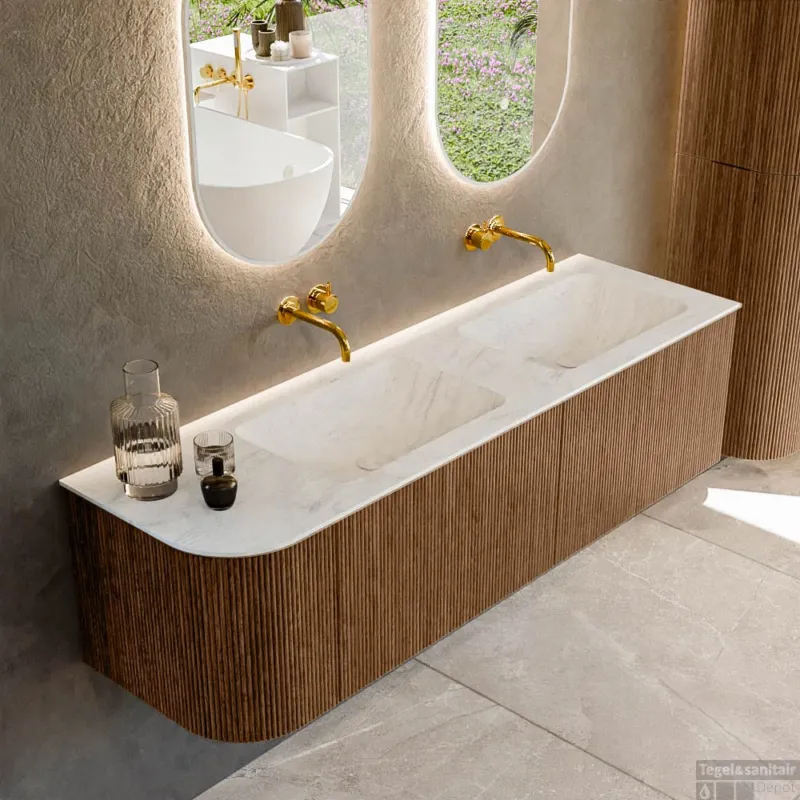 Exclusieve Aanbieding Mondiaz KURVE-DLUX 155 cm Onderkast Greeploos 2 Lades Met Deuren Walnut, Wastafel Solid Surface Rechts Opalo 0 Kraangaten Zonder Spiegel (KRVLEA155L2L1D0KD-Wal/Opa)