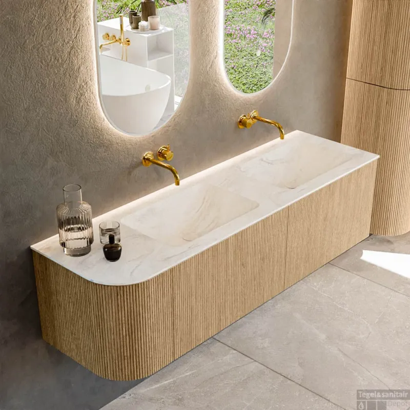 Betaalbaar Mondiaz KURVE-DLUX 155 cm Onderkast Greeploos 2 Lades Met Deuren Oak, Wastafel Solid Surface Rechts Ostra 0 Kraangaten Zonder Spiegel (KRVLEA155L2L1D0KD-Oak/Ost)