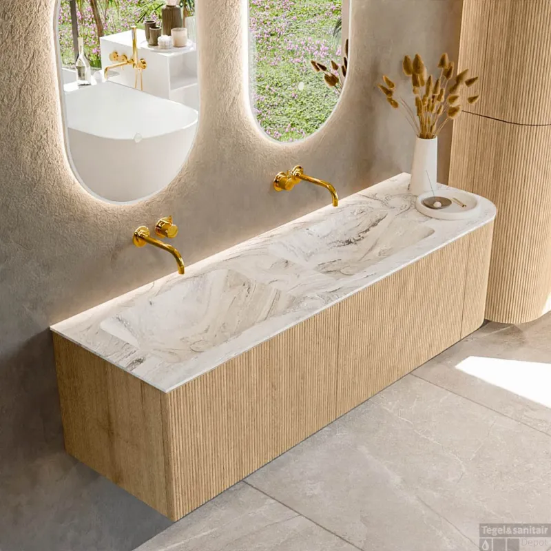 Goedkoop Mondiaz KURVE-DLUX 155 cm Onderkast Greeploos 2 Lades Met Deuren Oak, Wastafel Solid Surface Links Glace 0 Kraangaten Zonder Spiegel (KRVLEA155R2L1D0KD-Oak/Gla)