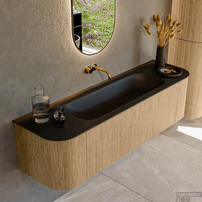 Mondiaz KURVE 160 cm Onderkast Greeploos 1 Lade Met Deuren Oak, Wastafel Solid Surface Midden Urban 0 Kraangaten Zonder Spiegel (KRVBGM160L+R1L2D0KM-Oak/Urb) Gecertificeerd