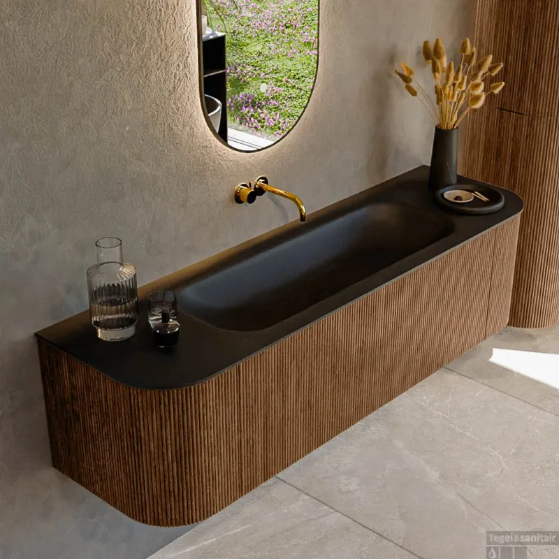 Betaalbaar Mondiaz KURVE 160 cm Onderkast Greeploos 1 Lade Met Deuren Walnut, Wastafel Solid Surface Midden Urban 0 Kraangaten Zonder Spiegel (KRVBGM160L+R1L2D0KM-Wal/Urb)
