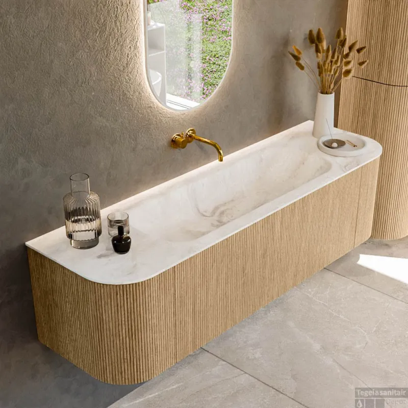 Koop Online Mondiaz KURVE-DLUX 160 cm Onderkast Greeploos 1 Lade Met Deuren Oak, Wastafel Solid Surface Midden Frappe 0 Kraangaten Zonder Spiegel (KRVBGM160L+R1L2D0KM-Oak/Fra)