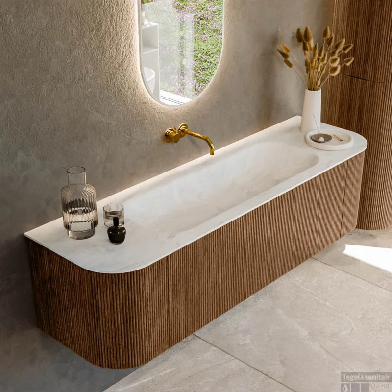 Express Levering Mondiaz KURVE-DLUX 160 cm Onderkast Greeploos 1 Lade Met Deuren Walnut, Wastafel Solid Surface Midden Opalo 0 Kraangaten Zonder Spiegel (KRVBGM160L+R1L2D0KM-Wal/Opa)
