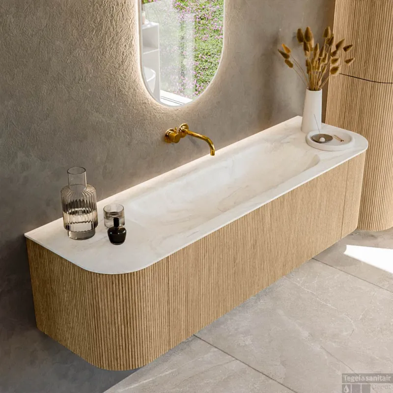 Gratis Retour Mondiaz KURVE-DLUX 160 cm Onderkast Greeploos 1 Lade Met Deuren Oak, Wastafel Solid Surface Midden Ostra 0 Kraangaten Zonder Spiegel (KRVBGM160L+R1L2D0KM-Oak/Ost)