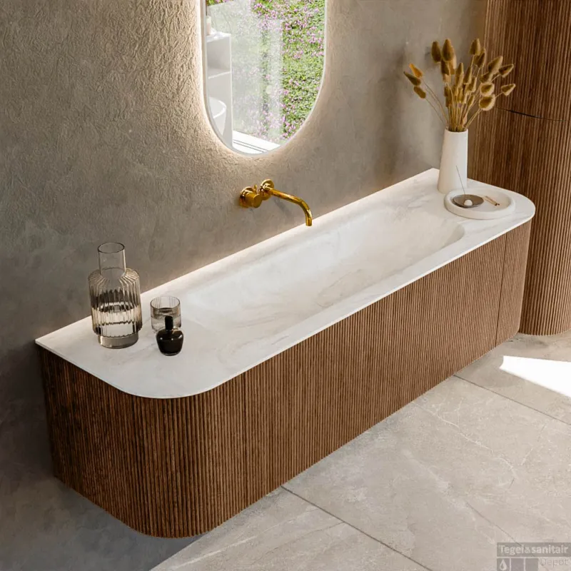 Voordeelprijs Mondiaz KURVE-DLUX 160 cm Onderkast Greeploos 1 Lade Met Deuren Walnut, Wastafel Solid Surface Midden Ostra 0 Kraangaten Zonder Spiegel (KRVBGM160L+R1L2D0KM-Wal/Ost)