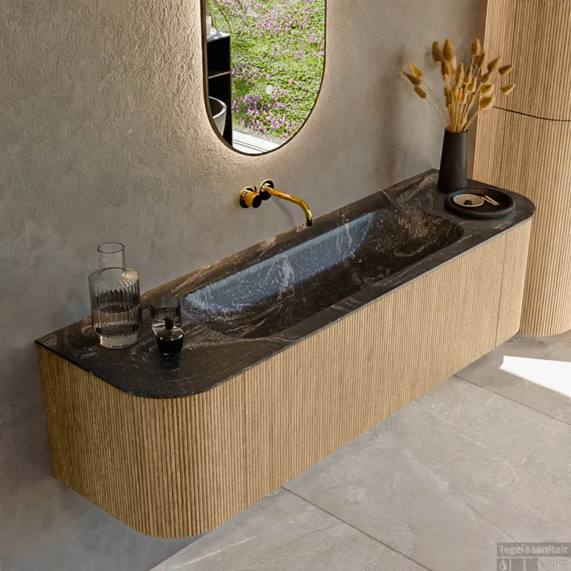 Actieprijs Mondiaz KURVE-DLUX 160 cm Onderkast Greeploos 1 Lade Met Deuren Oak, Wastafel Solid Surface Midden Lava 0 Kraangaten Zonder Spiegel (KRVBGM160L+R1L2D0KM-Oak/Lav)