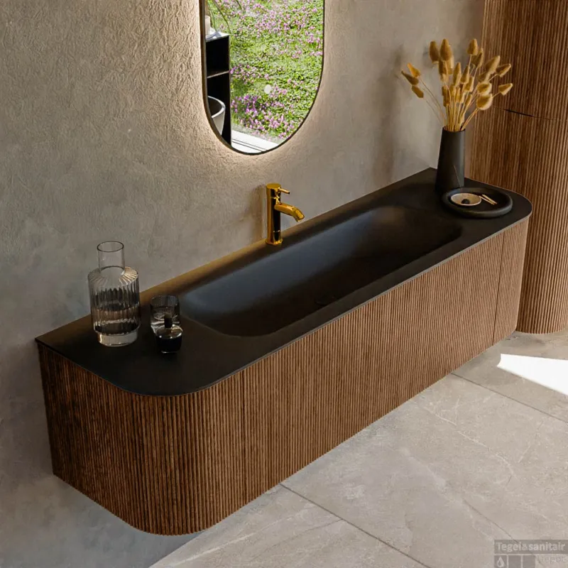 Mondiaz KURVE 160 cm Onderkast Greeploos 1 Lade Met Deuren Walnut, Wastafel Solid Surface Midden Urban 1 Kraangat Zonder Spiegel (KRVBGM160L+R1L2D1KM-Wal/Urb) Nieuw