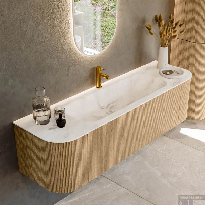 Exclusieve Aanbieding Mondiaz KURVE-DLUX 160 cm Onderkast Greeploos 1 Lade Met Deuren Oak, Wastafel Solid Surface Midden Frappe 1 Kraangat Zonder Spiegel (KRVBGM160L+R1L2D1KM-Oak/Fra)
