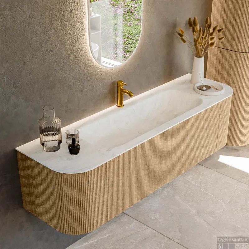 Voordeelprijs Mondiaz KURVE-DLUX 160 cm Onderkast Greeploos 1 Lade Met Deuren Oak, Wastafel Solid Surface Midden Opalo 1 Kraangat Zonder Spiegel (KRVBGM160L+R1L2D1KM-Oak/Opa)