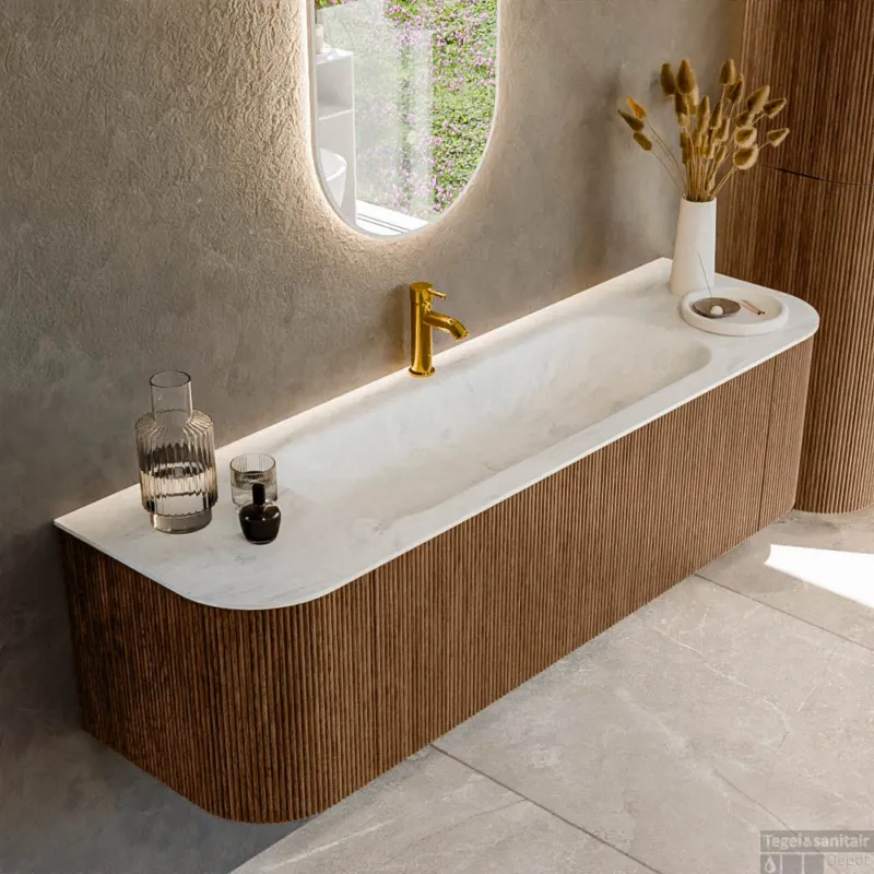 Actieprijs Mondiaz KURVE-DLUX 160 cm Onderkast Greeploos 1 Lade Met Deuren Walnut, Wastafel Solid Surface Midden Opalo 1 Kraangat Zonder Spiegel (KRVBGM160L+R1L2D1KM-Wal/Opa)