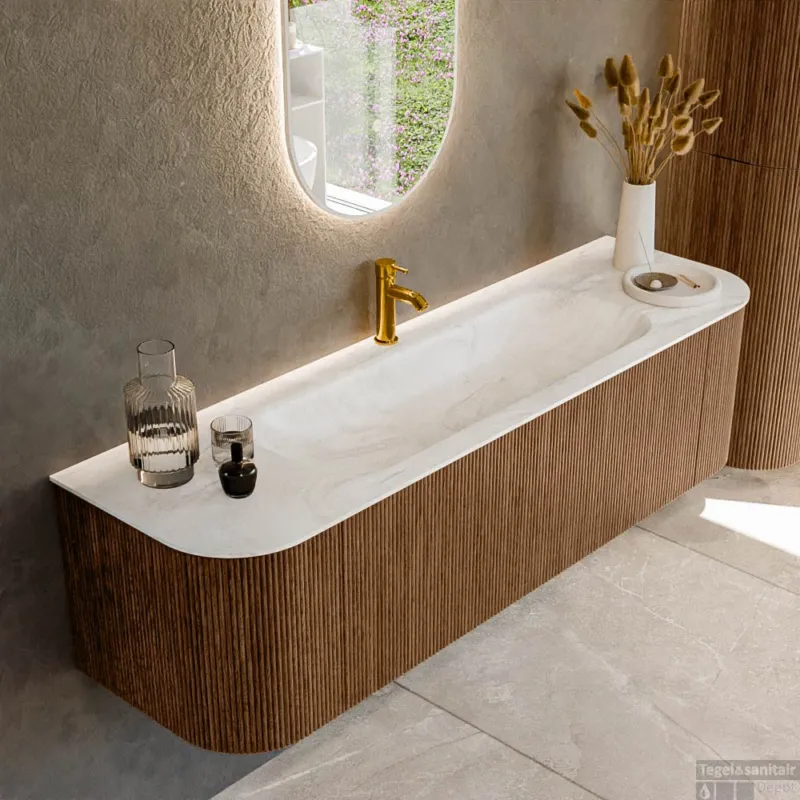 Mondiaz KURVE-DLUX 160 cm Onderkast Greeploos 1 Lade Met Deuren Walnut, Wastafel Solid Surface Midden Ostra 1 Kraangat Zonder Spiegel (KRVBGM160L+R1L2D1KM-Wal/Ost) Bestseller
