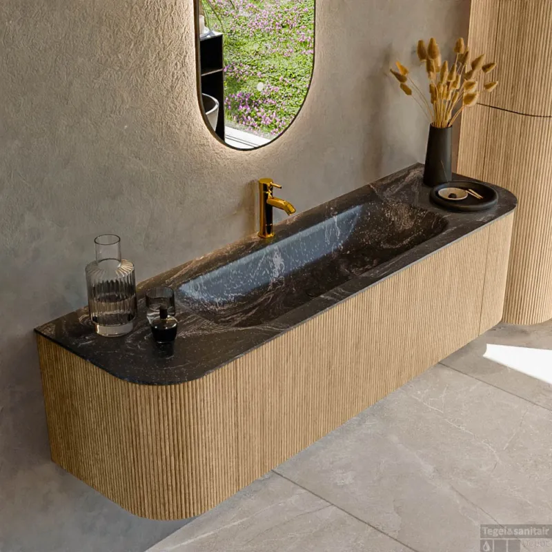 Mondiaz KURVE-DLUX 160 cm Onderkast Greeploos 1 Lade Met Deuren Oak, Wastafel Solid Surface Midden Lava 1 Kraangat Zonder Spiegel (KRVBGM160L+R1L2D1KM-Oak/Lav) Flitsaanbieding