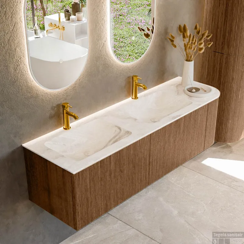 Aanbieding Mondiaz KURVE-DLUX 155 cm Onderkast Greeploos 2 Lades Met Deuren Walnut, Wastafel Solid Surface Links Frappe 2 Kraangaten Zonder Spiegel (KRVLEA155R2L1D2KD-Wal/Fra)