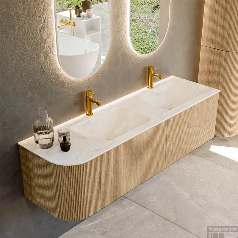Weekendaanbieding Mondiaz KURVE-DLUX 155 cm Onderkast Greeploos 2 Lades Met Deuren Oak, Wastafel Solid Surface Rechts Ostra 2 Kraangaten Zonder Spiegel (KRVLEA155L2L1D2KD-Oak/Ost)