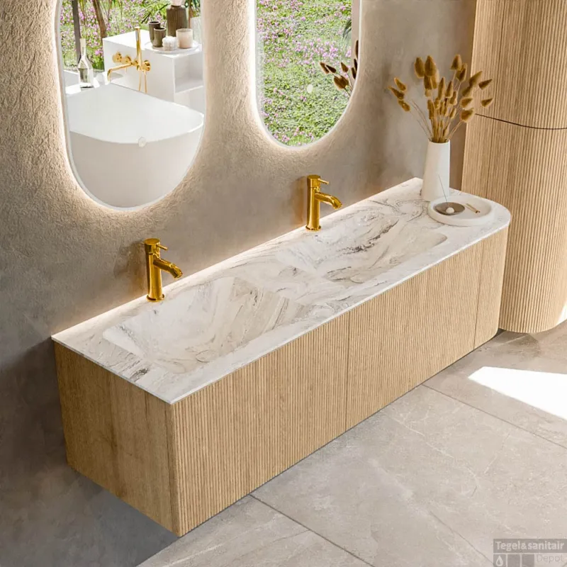 Mondiaz KURVE-DLUX 155 cm Onderkast Greeploos 2 Lades Met Deuren Oak, Wastafel Solid Surface Links Glace 2 Kraangaten Zonder Spiegel (KRVLEA155R2L1D2KD-Oak/Gla) Gratis Retour