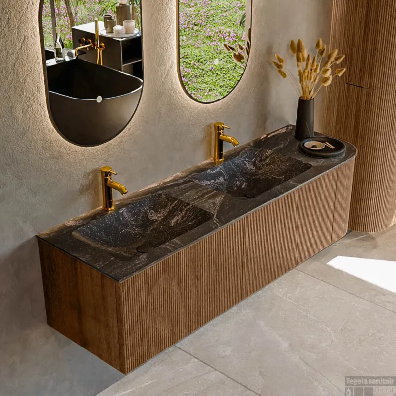 Beperkt Aanbod Mondiaz KURVE-DLUX 155 cm Onderkast Greeploos 2 Lades Met Deuren Walnut, Wastafel Solid Surface Links Lava 2 Kraangaten Zonder Spiegel (KRVLEA155R2L1D2KD-Wal/Lav)