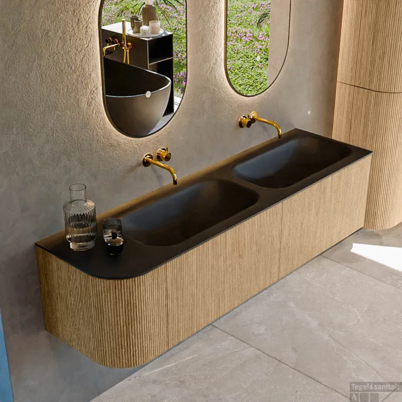 Merkproduct Mondiaz KURVE 165 cm Onderkast Greeploos 2 Lades Met Deuren Oak, Wastafel Solid Surface Rechts Urban 0 Kraangaten Zonder Spiegel (KRVBGS165L2L1D0KD-Oak/Urb)