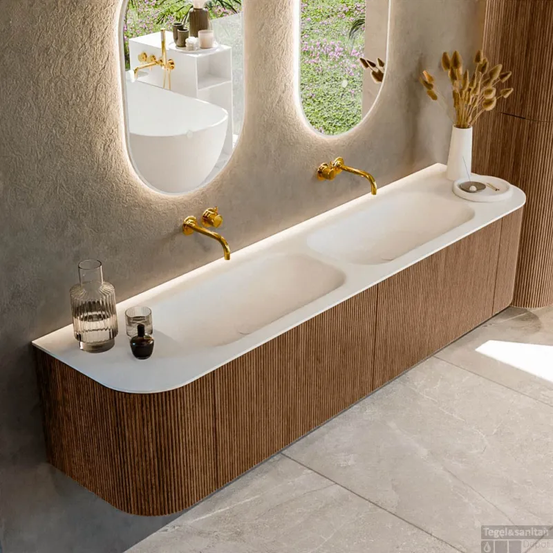 Korting Mondiaz KURVE 190 cm Onderkast Greeploos 2 Lades Met Deuren Walnut, Wastafel Solid Surface Dubbel Talc 0 Kraangaten Zonder Spiegel (KRVBGS190L+R2L2D0KD-Wal/Tal)