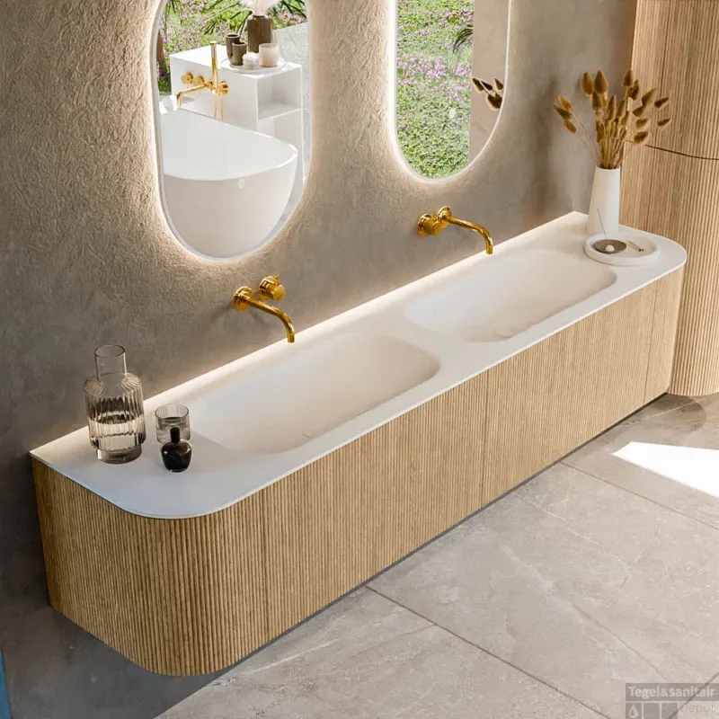 Mondiaz KURVE 200 cm Onderkast Greeploos 2 Lades Met Deuren Oak, Wastafel Solid Surface Dubbel Talc 0 Kraangaten Zonder Spiegel (KRVBGS200L+R2L2D0KD-Oak/Tal) Beperkt Aanbod