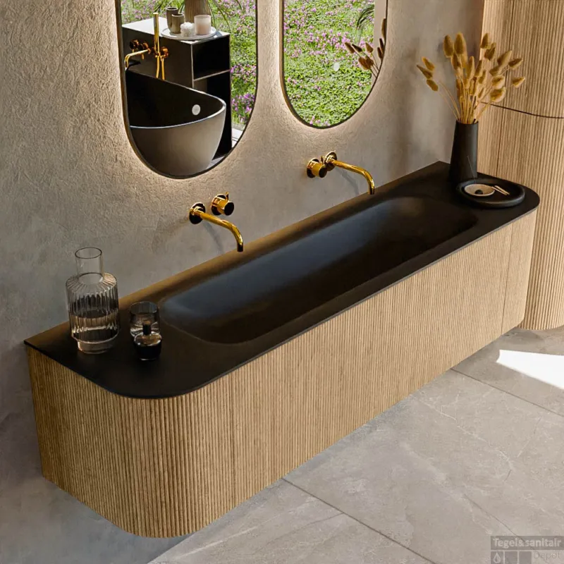 Mondiaz KURVE 170 cm Onderkast Greeploos 1 Lade Met Deuren Oak, Wastafel Solid Surface Midden Urban 0 Kraangaten Zonder Spiegel (KRVBGL170L+R1L2D0KM-Oak/Urb) Speciale Aanbieding