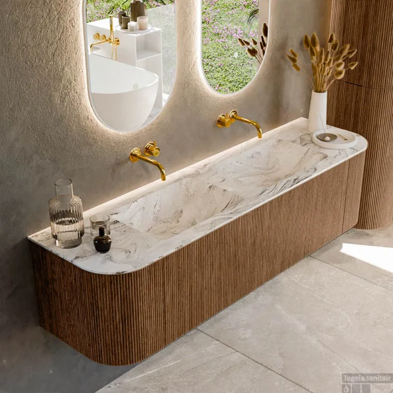 Beperkte Voorraad Mondiaz KURVE-DLUX 170 cm Onderkast Greeploos 1 Lade Met Deuren Walnut, Wastafel Solid Surface Dubbel Glace 0 Kraangaten Zonder Spiegel (KRVLEA170L+R1L2D0KD-Wal/Gla)