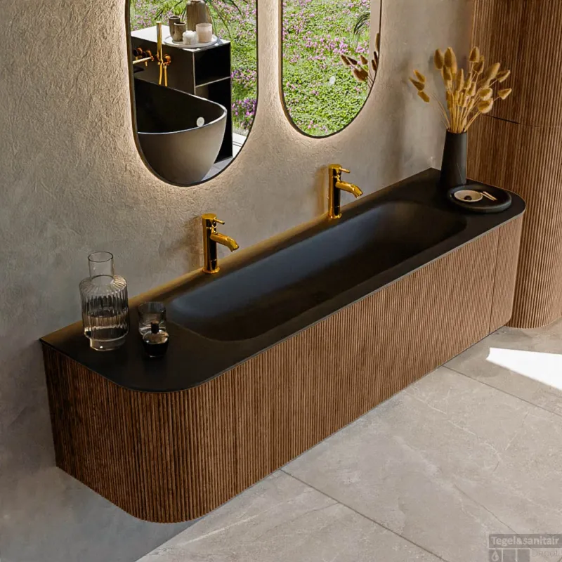 Betrouwbaar Mondiaz KURVE 170 cm Onderkast Greeploos 1 Lade Met Deuren Walnut, Wastafel Solid Surface Midden Urban 2 Kraangaten Zonder Spiegel (KRVBGL170L+R1L2D2KM-Wal/Urb)