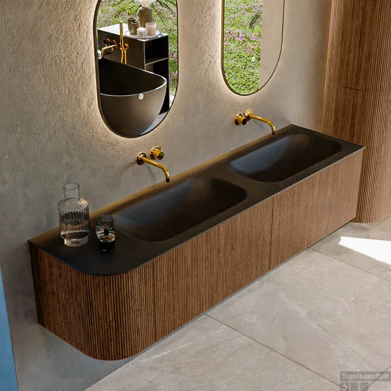 Bestseller Mondiaz KURVE 175 cm Onderkast Greeploos 2 Lades Met Deuren Walnut, Wastafel Solid Surface Rechts Urban 0 Kraangaten Zonder Spiegel (KRVBGS175L2L1D0KD-Wal/Urb)