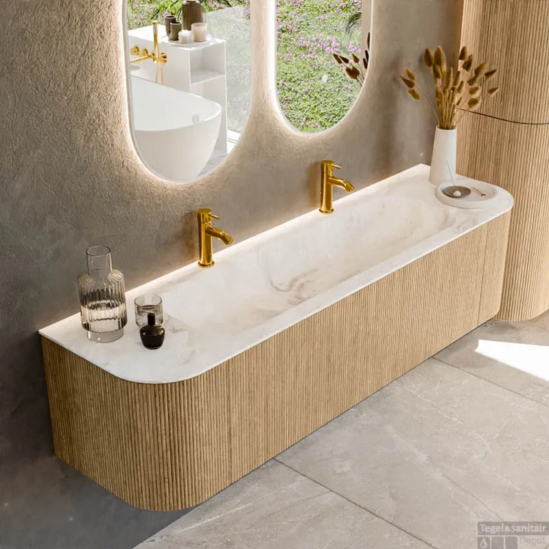 Alleen Vandaag Mondiaz KURVE-DLUX 170 cm Onderkast Greeploos 1 Lade Met Deuren Oak, Wastafel Solid Surface Midden Frappe 2 Kraangaten Zonder Spiegel (KRVBGL170L+R1L2D2KM-Oak/Fra)