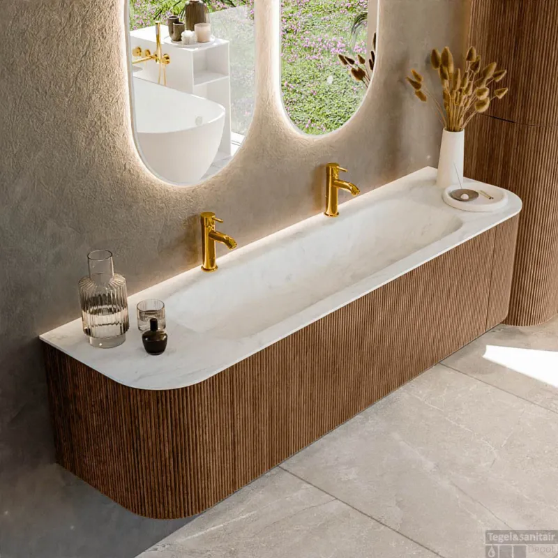 Goedkoop Mondiaz KURVE-DLUX 170 cm Onderkast Greeploos 1 Lade Met Deuren Walnut, Wastafel Solid Surface Midden Opalo 2 Kraangaten Zonder Spiegel (KRVBGL170L+R1L2D2KM-Wal/Opa)