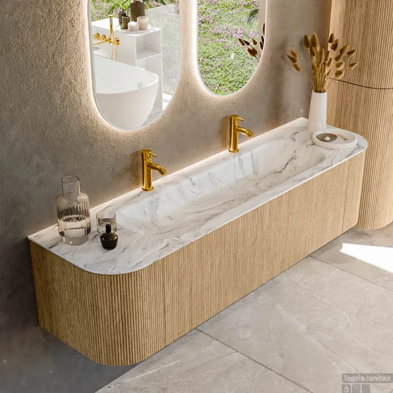Veilige Betaling Mondiaz KURVE-DLUX 170 cm Onderkast Greeploos 1 Lade Met Deuren Oak, Wastafel Solid Surface Midden Glace 2 Kraangaten Zonder Spiegel (KRVBGL170L+R1L2D2KM-Oak/Gla)