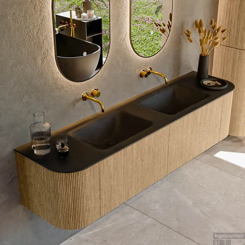 Express Levering Mondiaz KURVE 180 cm Onderkast Greeploos 2 Lades Met Deuren Oak, Wastafel Solid Surface Dubbel Urban 0 Kraangaten Zonder Spiegel (KRVCLO180L+R2L2D0KD-Oak/Urb)