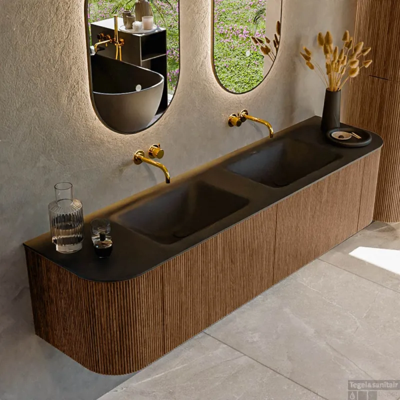 Mondiaz KURVE 180 cm Onderkast Greeploos 2 Lades Met Deuren Walnut, Wastafel Solid Surface Dubbel Urban 0 Kraangaten Zonder Spiegel (KRVCLO180L+R2L2D0KD-Wal/Urb) Koop Vandaag