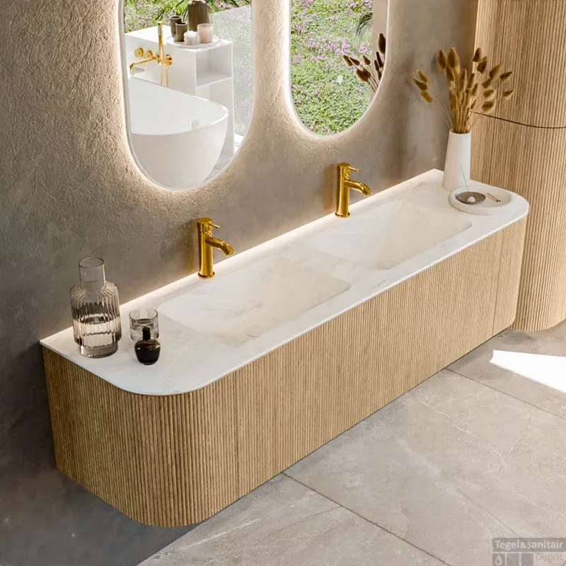 Beperkte Voorraad Mondiaz KURVE-DLUX 170 cm Onderkast Greeploos 1 Lade Met Deuren Oak, Wastafel Solid Surface Dubbel Opalo 2 Kraangaten Zonder Spiegel (KRVLEA170L+R1L2D2KD-Oak/Opa)
