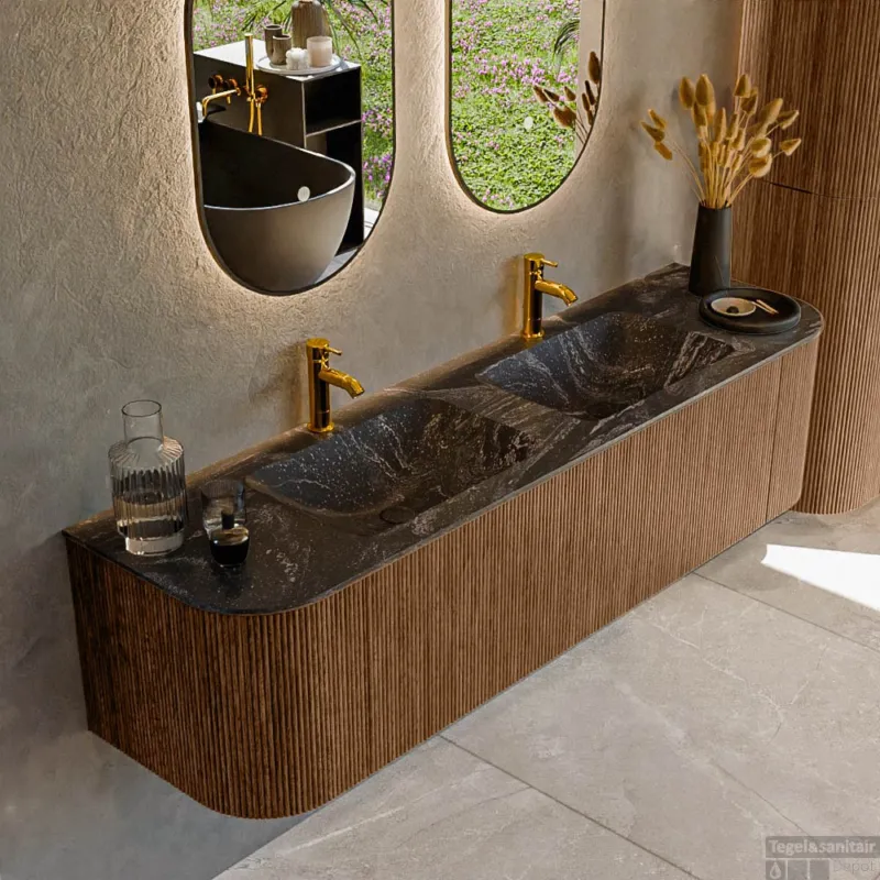 Hoge Kwaliteit Mondiaz KURVE-DLUX 170 cm Onderkast Greeploos 1 Lade Met Deuren Walnut, Wastafel Solid Surface Dubbel Lava 2 Kraangaten Zonder Spiegel (KRVLEA170L+R1L2D2KD-Wal/Lav)