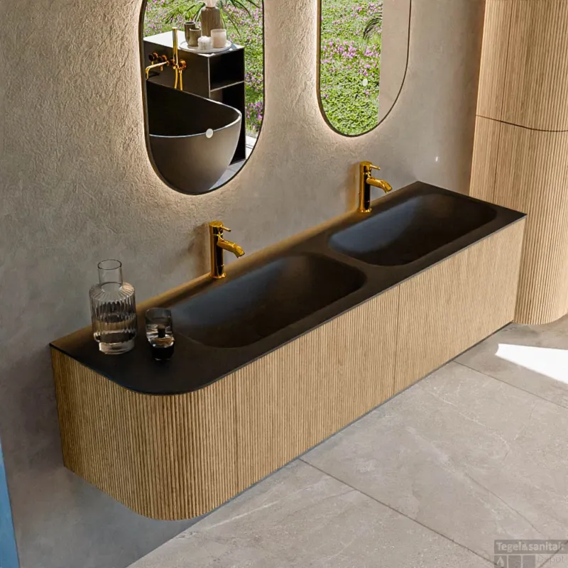 Fabrieksprijs Mondiaz KURVE 165 cm Onderkast Greeploos 2 Lades Met Deuren Oak, Wastafel Solid Surface Rechts Urban 2 Kraangaten Zonder Spiegel (KRVBGS165L2L1D2KD-Oak/Urb)