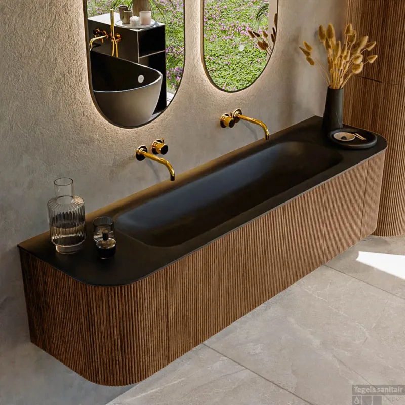 Lage Prijs Mondiaz KURVE 170 cm Onderkast Greeploos 1 Lade Met Deuren Walnut, Wastafel Solid Surface Midden Urban 0 Kraangaten Zonder Spiegel (KRVBGL170L+R1L2D0KM-Wal/Urb)