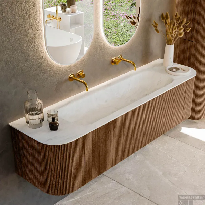 Uitverkoop Mondiaz KURVE-DLUX 170 cm Onderkast Greeploos 1 Lade Met Deuren Walnut, Wastafel Solid Surface Midden Opalo 0 Kraangaten Zonder Spiegel (KRVBGL170L+R1L2D0KM-Wal/Opa)