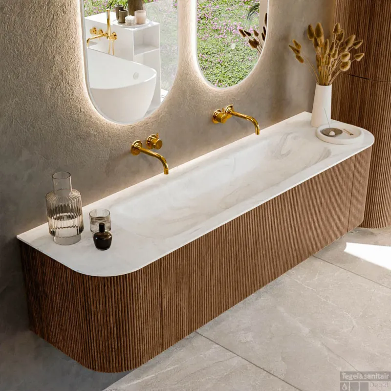 Hete Deal Mondiaz KURVE-DLUX 170 cm Onderkast Greeploos 1 Lade Met Deuren Walnut, Wastafel Solid Surface Midden Ostra 0 Kraangaten Zonder Spiegel (KRVBGL170L+R1L2D0KM-Wal/Ost)