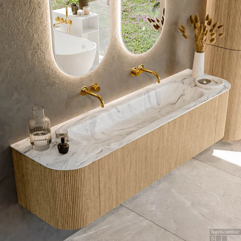 Finale Uitverkoop Mondiaz KURVE-DLUX 170 cm Onderkast Greeploos 1 Lade Met Deuren Oak, Wastafel Solid Surface Midden Glace 0 Kraangaten Zonder Spiegel (KRVBGL170L+R1L2D0KM-Oak/Gla)